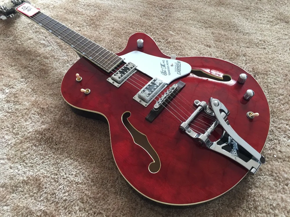 semi acoustic guitar Gretsch jazz guitar Wine red color Chrome bigsby