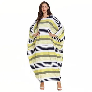 

2019 Brand Batwing Sleeve Muslim Abaya Arabic Gowns Women Elegant Stripe Print Loose Dress UAE Dubai Islamic Thoub VKDR1710