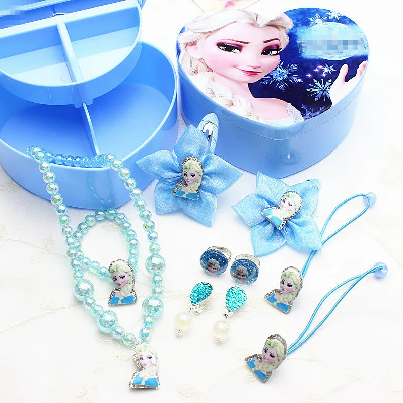 

Disney girls toys kids makeup toys Minnie frozen princess necklace set ring earrings princess children's rubber band set gift