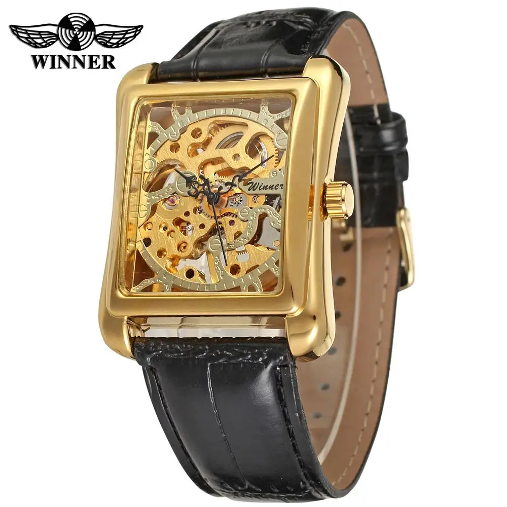 

WINNER Men's Watch Luxury Branded Mechanical Skeleton Leather Strap Wristwatch Color Gold Band black WRG8004M3