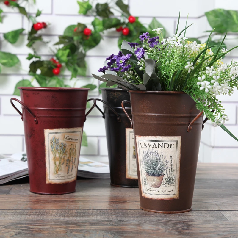 Simple Style Flower Tub Handle Ears Tin Bucket Flower Pots Planters