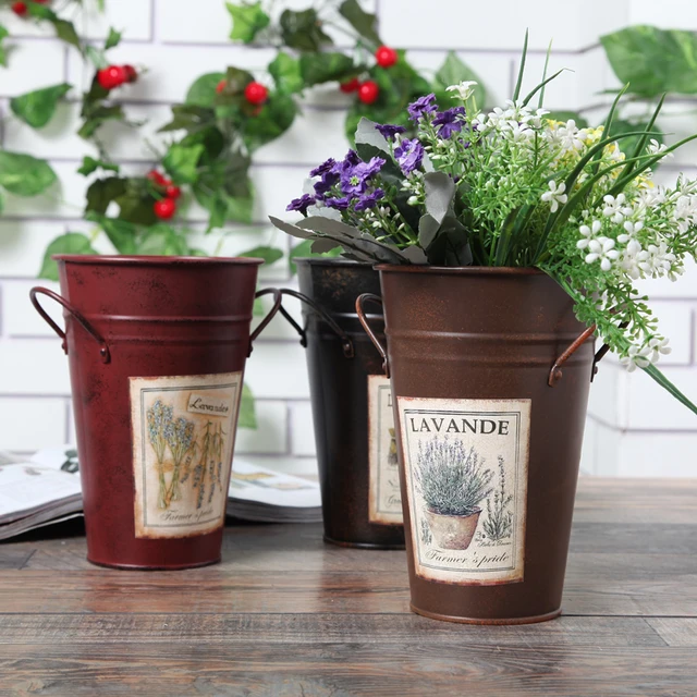 Simple Style Flower Tub Handle Ears Tin Bucket Pots Planters Simple Style Flower Tub Handle Ears Tin Bucket Pots Planters Vase Garden Supplies Desktop Floor Decor