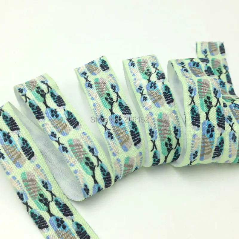 

5/8inch Feather Print Fold Over Elastic Heat Transfer FOE Ribbon for DIY Headwear Hair Accessories 100Y/Lot