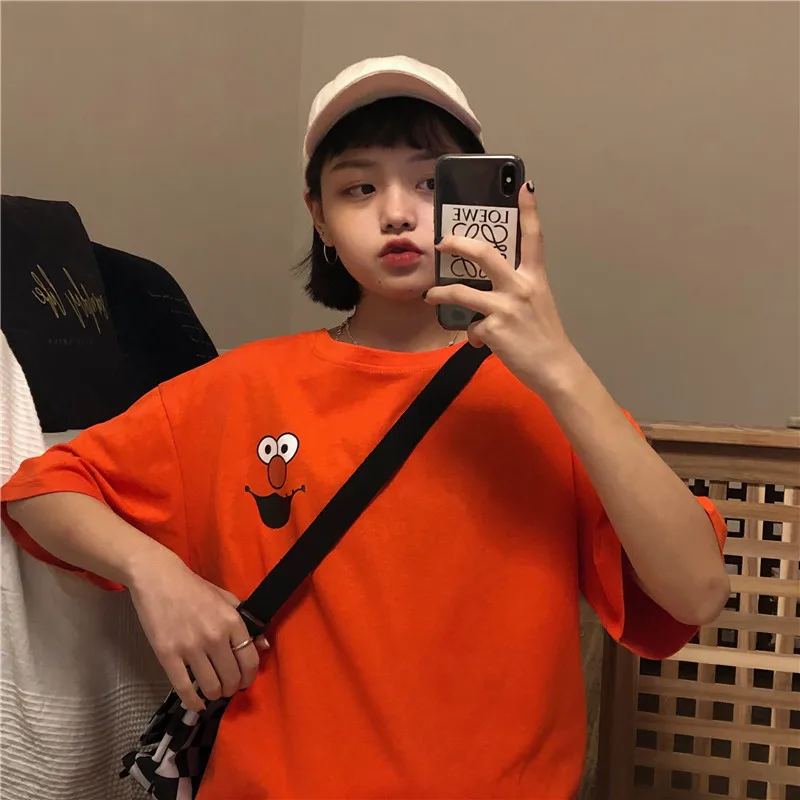 Новая летняя Корейская Футболка Harajuku с милым мультяшным принтом на груди bf для