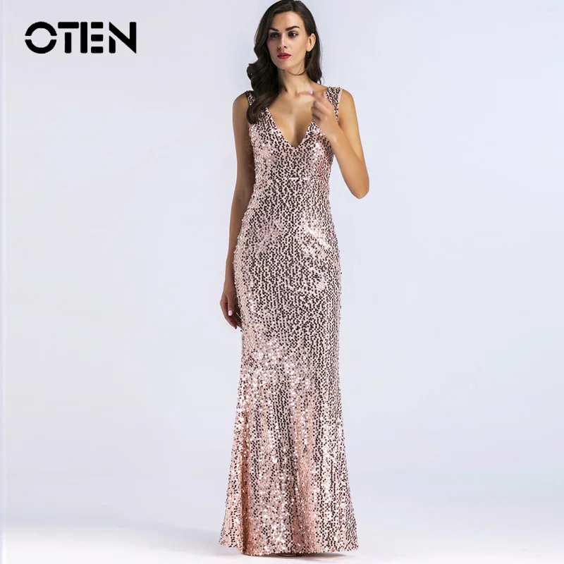 

OTEN Elegant summer dress for women 2018 Summer Sequin Deep V Neck Sexy Backless Floor Length Evening Party Long Maxi Dresses
