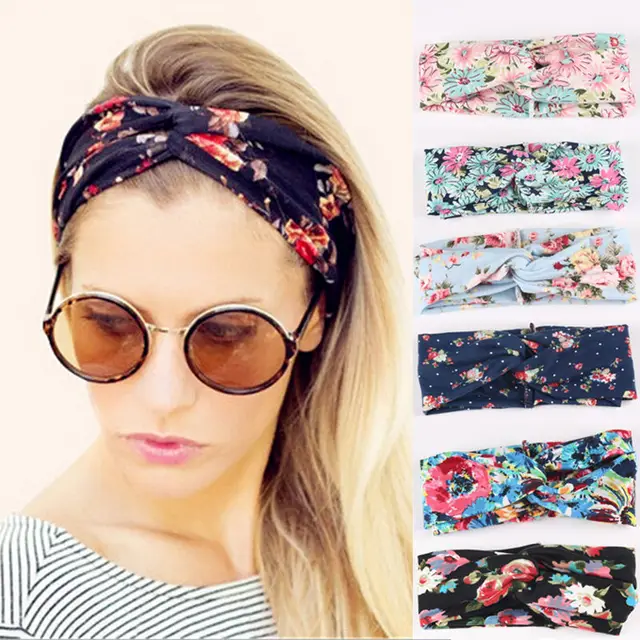Ethnic Floral Wide Stretch Hair Band Retro Women Elastic Turban Twisted