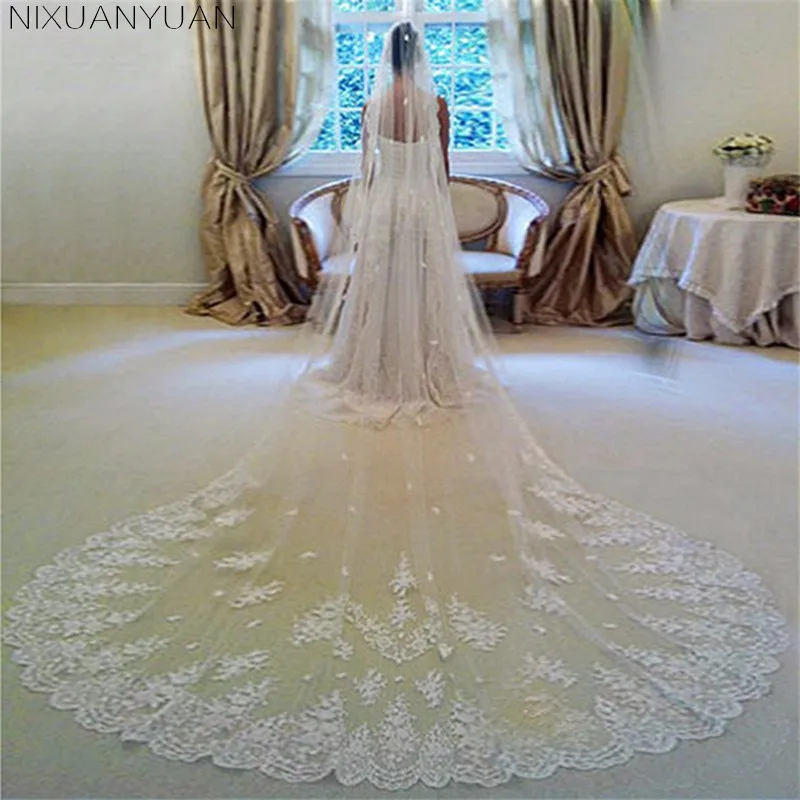 

2019 New Style Wedding Veils Veu De Noiva Lace 3M Long Wedding Veils Ivory White One layers Tulle Bridal Veils Free Shipping