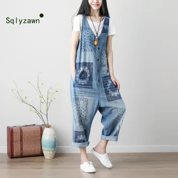 

New Spring Summer Sleeveless Jumpsuits Washed Printing Bib Cross Pants Women Overalls Loose Casual Hole Denim Suspender Jumpsuit