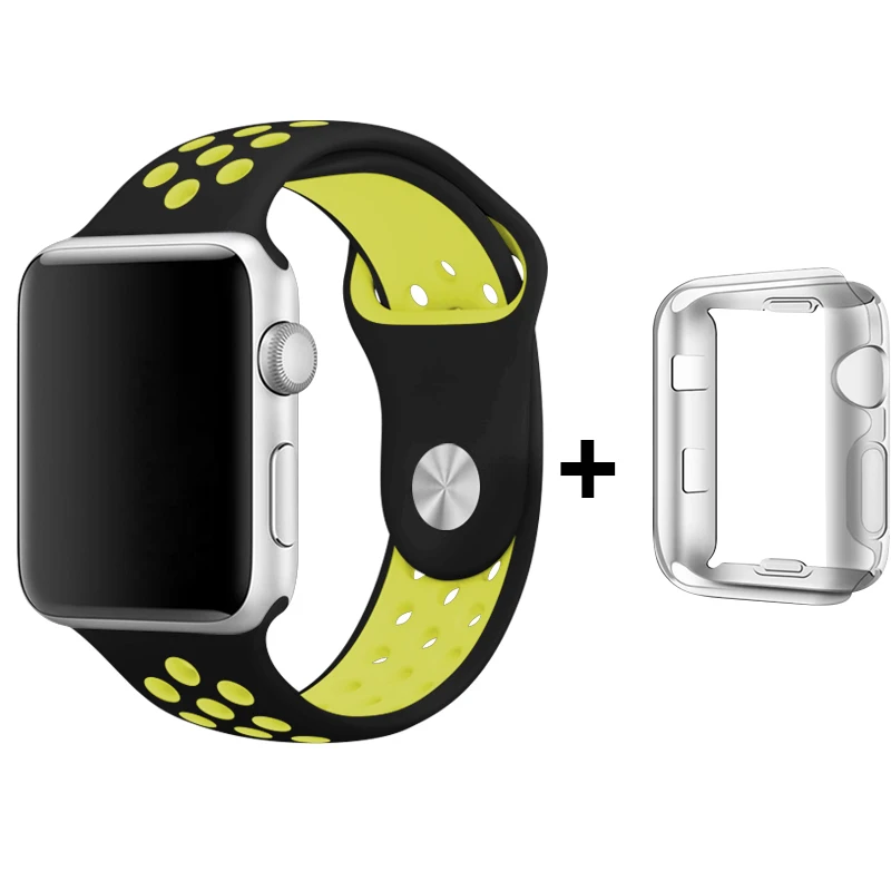 

Black/Volt Watch Band For Nike Sport Band 44mm 40mm Apple Watch 4 Silicone Bracelet 42mm 38mm For Iphone Watch 2 + Cover Case