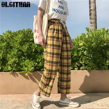 Pantalones casuales 2020 primavera verano salvaje suelta pierna ancha mujeres amarillo Plaid Vintage cordón Pantalones mujer PT177
