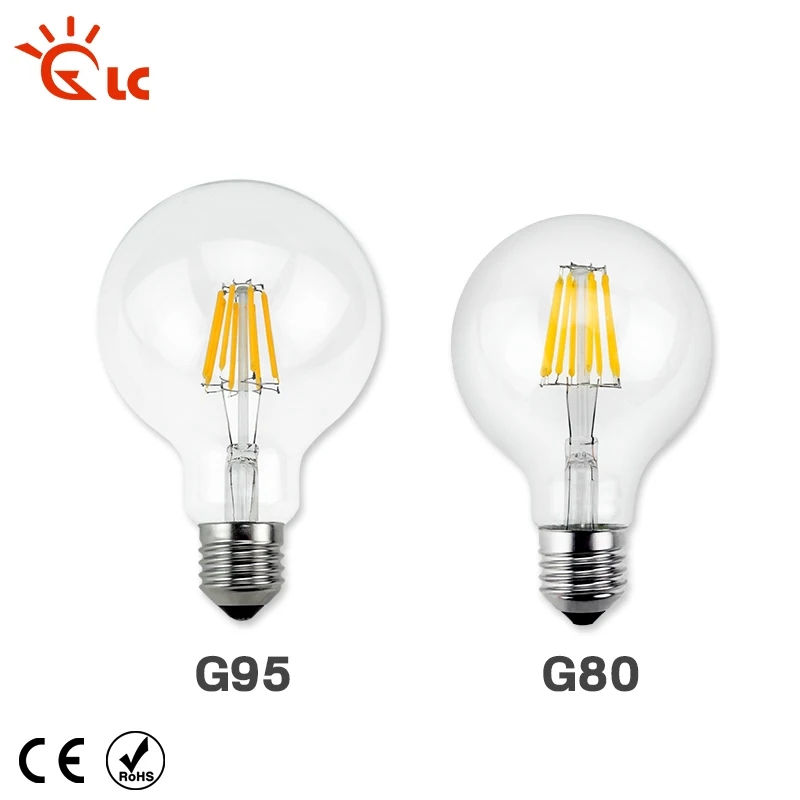 Светодиодная свеча E27 лампа накаливания стеклянная G80 G95 220V 240V 8W 12W 16W старинная
