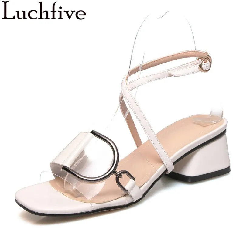 

Metal Buckle PVC Sandals For Women Chaussures Femme Short Square Heel Summer Shoes Women zapatillas mujer Party Dress Shoes