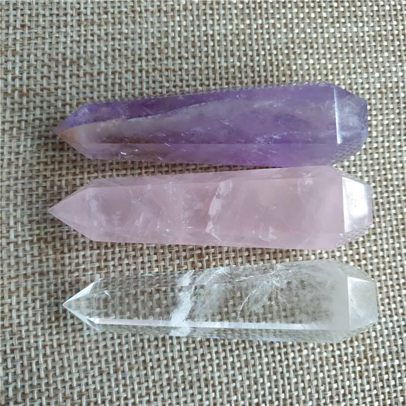 

(3pcs) natural amethyst+rose+white Quartz CRYSTAL WAND POINT HEALING