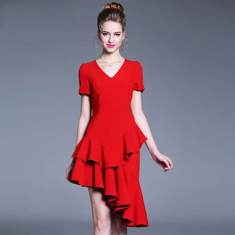 

2019European Women Puff Sleeves elegant Ruffled Dress irregular hem V neck summer party dress asymmetrical vestidos L-XXXXXL 5XL