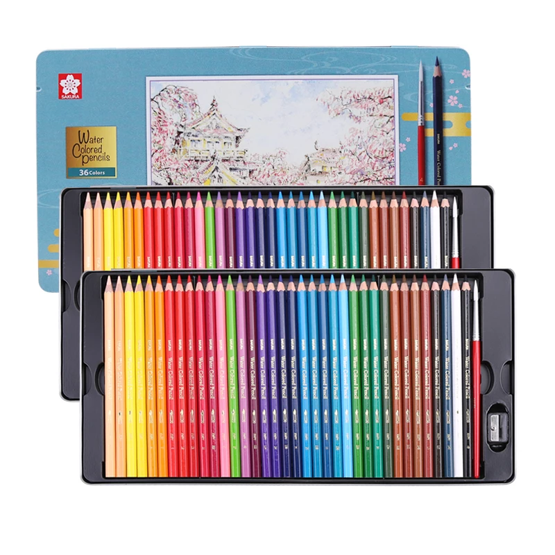 Sakura Watercolor Pencils Oil Colored Pencils 72 Colors Professional Drawing Pencils Rainbow Colors Tin Box Set for Artist