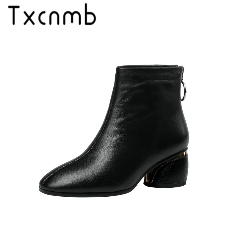

TXCNMB 2019 Boots Women Genuine Leather Ankle Boots Fashion Chelsea Square Heels Black Autumn Shoes Woman
