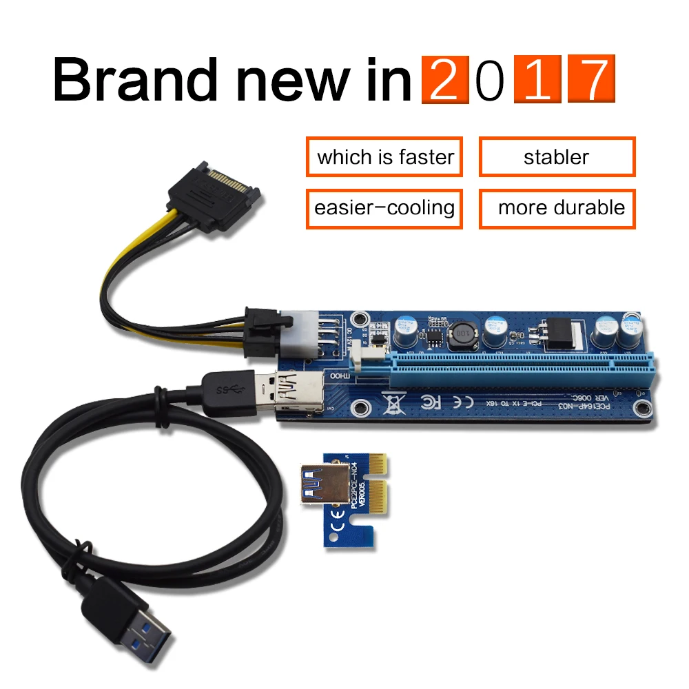TISHRIC 100 шт. VER006C синий PCI E расширитель 1x к 16x Express Riser Card USB 3 0 кабель SATA 6Pin питание для