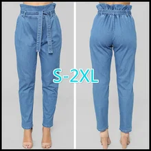 Женские Модные винтажные джинсы для мам, большие размеры, джинсовые брюки-карандаш, шаровары с завышенной талией, с поясом, потертые легкие брюки, S-2XL