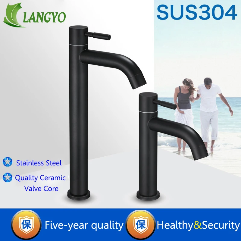 

304 Stainless Steel Deck Mounted Sink Basin faucet Rust And Corrosion Resistance Bathroom Kitchen Black Single Cold Water Faucet