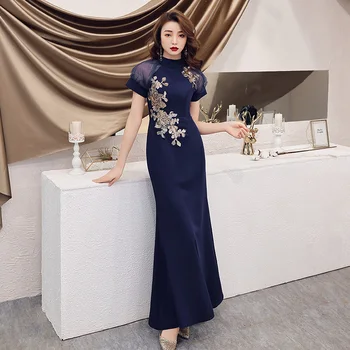 

Mesh Dress Stand Collar Female Perspective Chinese Dress Evening Party Gown Sexy Long Formal Party Dresses Appliques Cheongsam