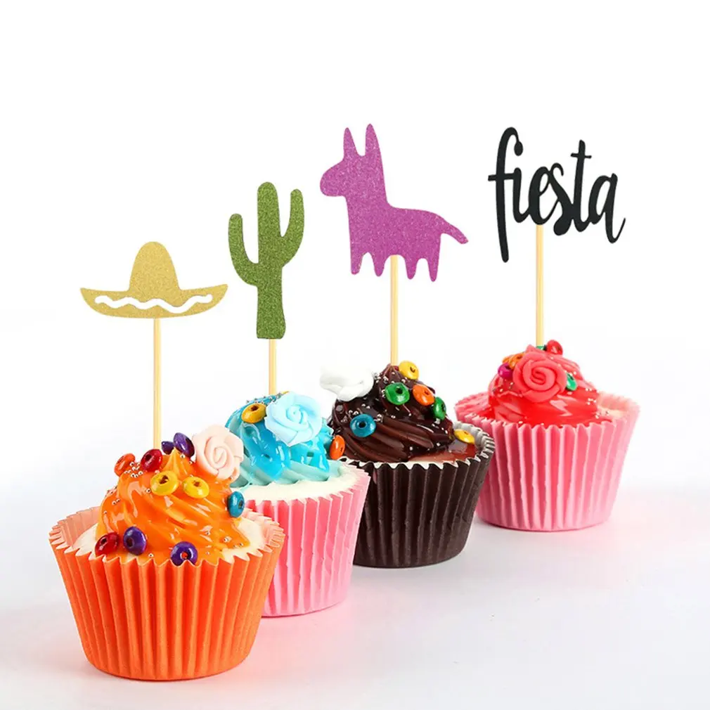24/Pack of Mexican Carnival Theme Party Decorating Cake Insert Cactus Alpaca Fiesta Hat