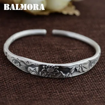 

BALMORA 999 Pure Silver Lotus Flower & Fish Open Bangles for Women Letters "Forever I Love You" Jewelry Gift Accessories SZ0234