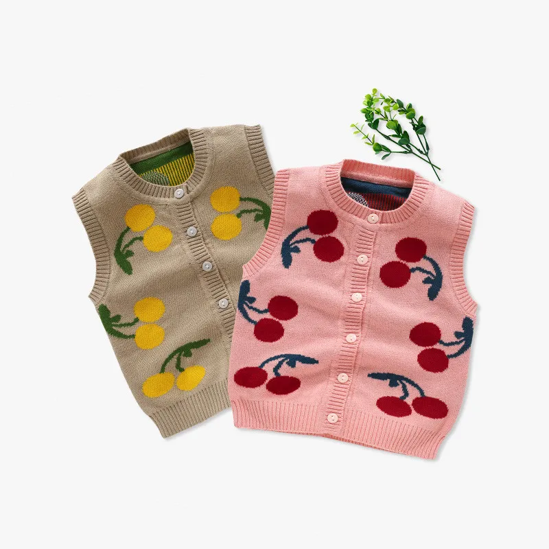 Cherry Baby Sweater Vest Toddler Kids Boys Girls Crochet Tops Cotton Soft Comfortable O-Neck Button Closure for Spring Autumn (2)