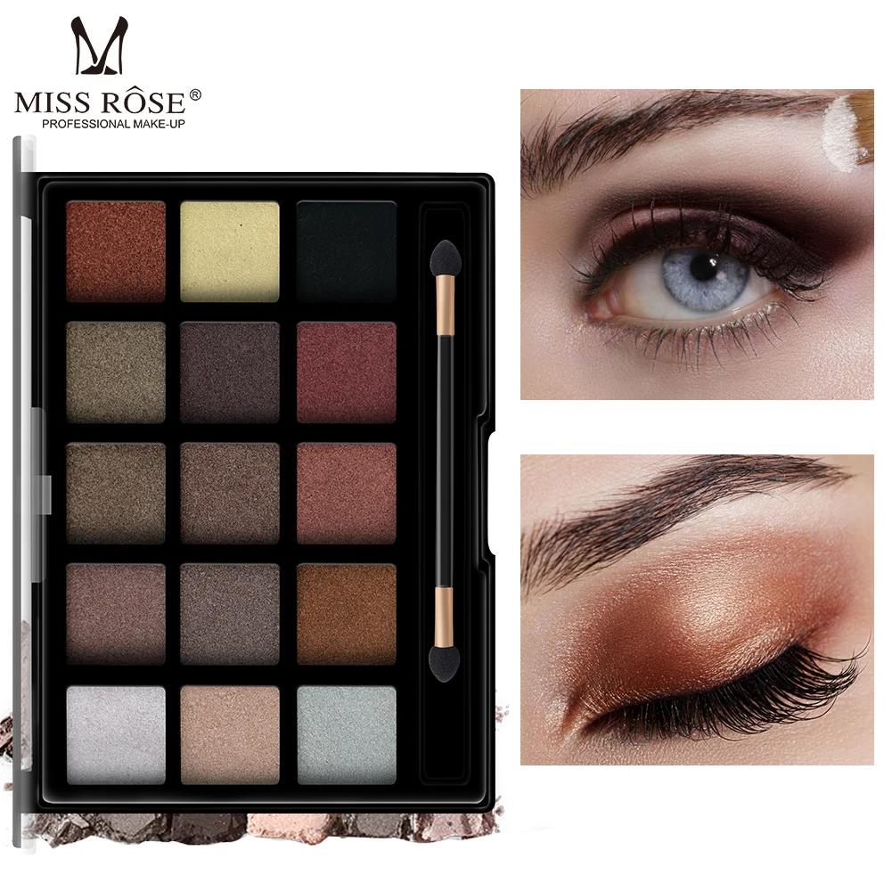 MISS ROSE 15Colors Nude Color Eye Shadow Makeup Professional Waterproof Flash Gold Nude Color Eye Shadow Makeup Tray TSLM2