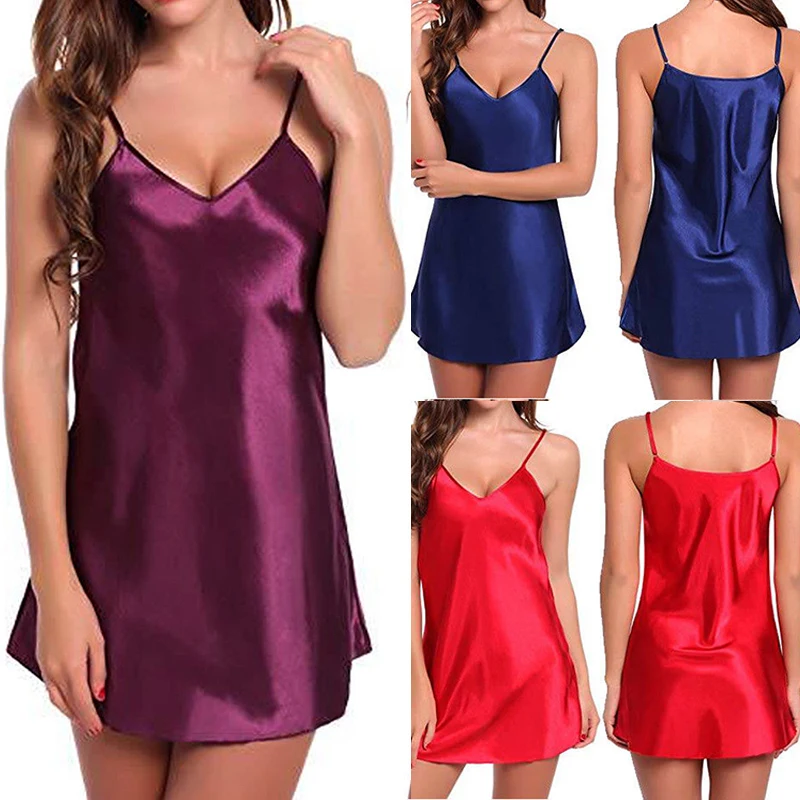 Sexy V-Neck Dresses Women Night Dress Sleepwear Sleeveless Night Gown Bathrobe Nightdress Sleepwear Female Silky Satin Sleepwear