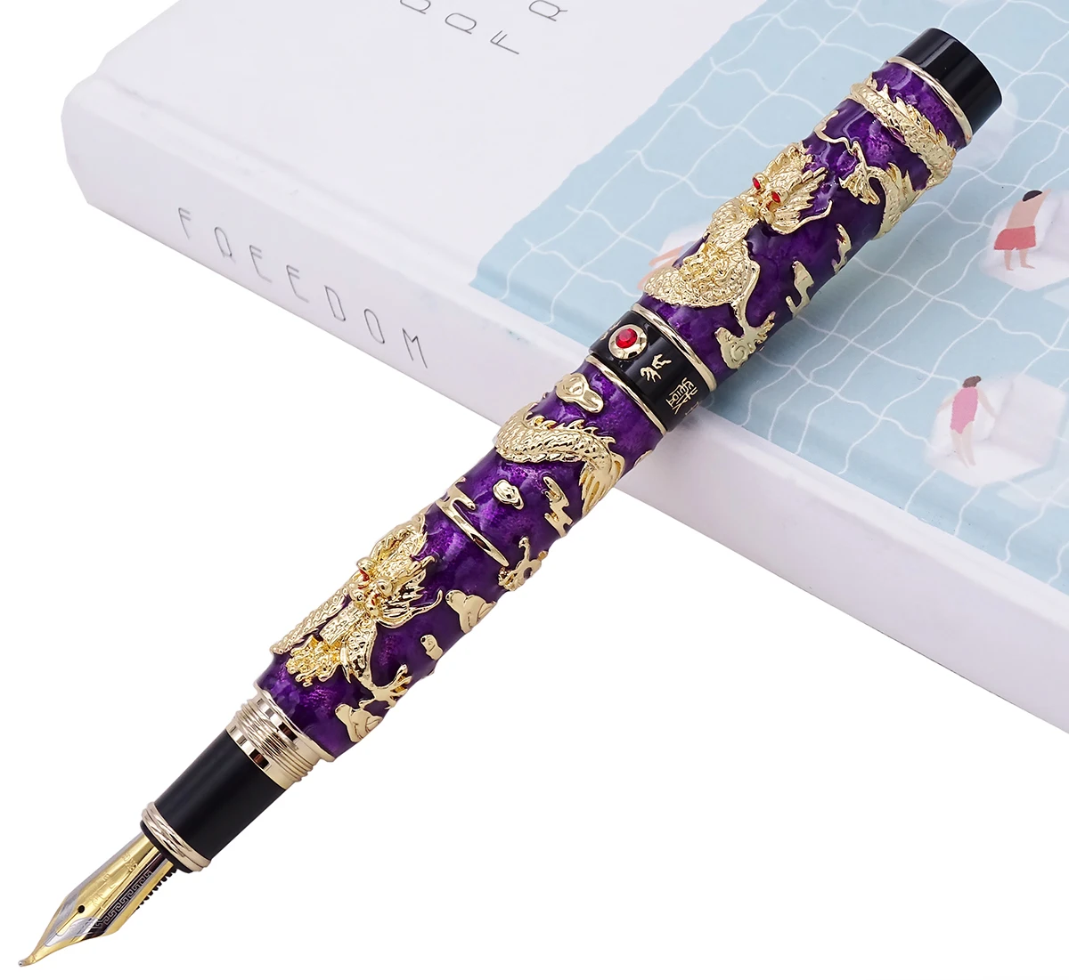 Jinhao Purple Cloisonne Calligraphy Fountain Pen Double Dragon Fude Bent Nib Advanced Craft Writing Gift Pen for Business Office