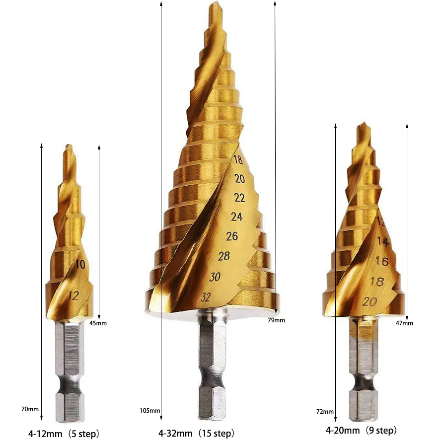 3 шт 4-12/20/32mm высокопрочная сталь, спиральное Рифленое центр сверла биты из твердого карбида Мини дрель биты-аксессуары Титан шаг конуса сверло