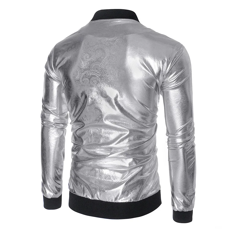 Блестящая Серебристая металлическая бейсбольная куртка мужская стильная Пейсли Цветочный Принт ветрозащитная мужская куртка для ночного клуба DJ сценическая одежда для выступлений