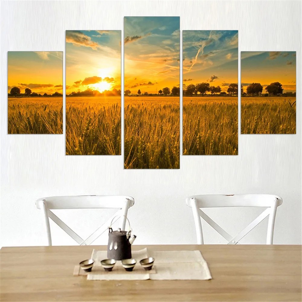 Frameless Golden Rice Field Oil Painting Bright Sunset Modular Plant Canvas Picture Art Works Home Decoration Free Shipping 5pcs | Дом и сад