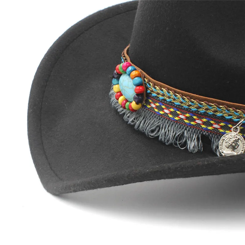 Детская шерстяная ковбойская шляпа в западном стиле с кисточками на поясе, детская джазовая шляпа для девочек, ковбойская шляпа сомбреро, размер 52-54 см, для От 4 до 8 лет