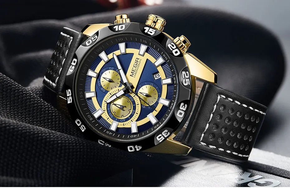 Megir Для мужчин армии спортивные часы кожаный ремешок Лидирующий бренд хронограф 3 бар Водонепроницаемый Светящиеся Наручные часы человек 2096 г белый