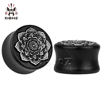 

Kubooz piercing black wood ear plugs tunnels piercing body jewelry with metal lotus flower design sell by pair ear gauges
