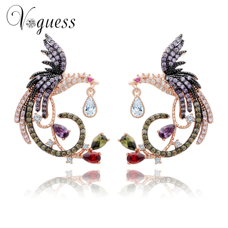 

VOGUESS Unique Design Luxury Rose Gold Color Multi Cz Micro Pave Setting Phoenix Bird Stud Earrings For Women with Jewelry Box