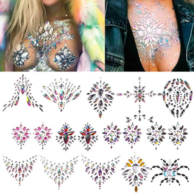 

2018 Acrylic Resin Drill Sticker Handpicked Bohemia And Tribal Style Nipple Jewels chest Decor Sticker