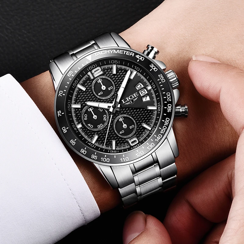 LIGE брендовые новые мужские часы Бизнес Кварцевые часы мужские настоящие с тремя циферблатами светящиеся водонепроницаемые 30 м уличные спортивные стальные часы