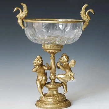 

Wedding Party Celebration Crystal Tray Statues With Bronze Angels Cherub Fruit Dish Tray Cup Sculptures Bronze Ornament GP-007