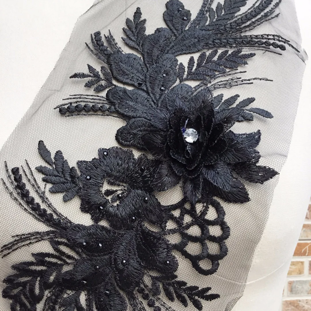 39*16cm DIY Motif 3D Lace Flower Embroidery Bridal Applique Pearl Beaded Tulle
