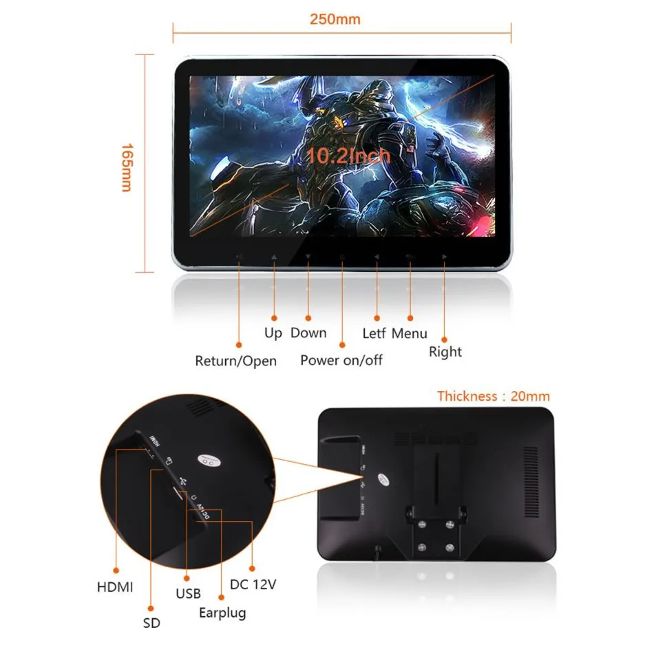 10,2 дюймов подголовник Автомобильный монитор HD 1080P lcd ультра-тонкий автомобильный экран с USB/SD/HDMI слотом/fm-передатчиком/динамиком MP5 плеер