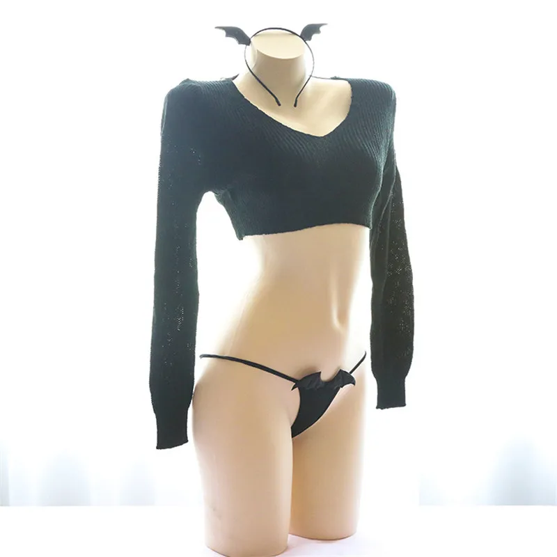 Ангел или дьявол? Kawaii, женское сексуальное белье, набор, Экзотическая одежда, свитер, укороченный топ, рубашка+ крылья, футболка+ повязка на голову, сексуальные костюмы
