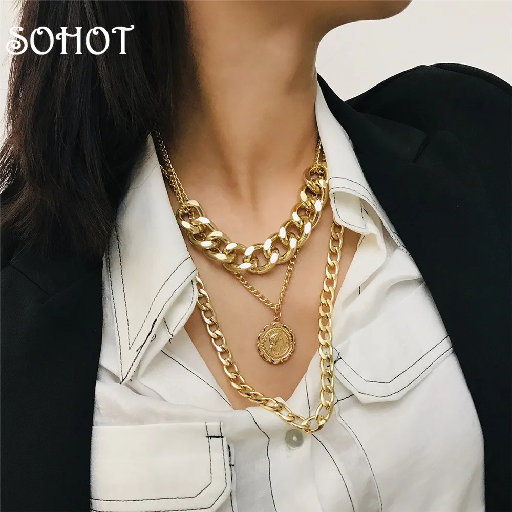 

SOHOT New Oversize Big Hyperbole Punk Women Multilayer Chokers Necklaces Chic Small Emboss Round New Pendant For Party Jewelry