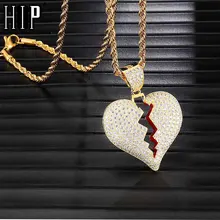 Hip Hop Iced Out Copper Full Rhinestone Rope Chain Heart Breaking Pendant & Necklace For Men Jewelry Dropshipping rhinestone heart faux leather rope necklace