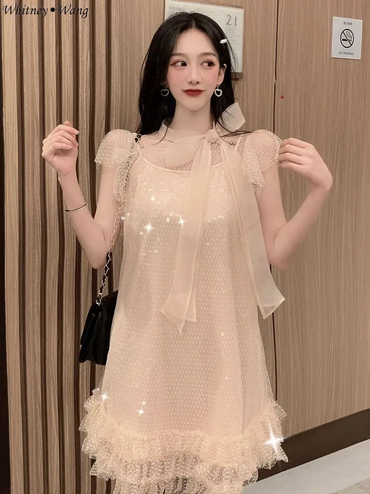 as picture WHITNEY WANG/ летнее модное уличная одежда из 2 предметов с блестками и милым бантом, кружевное платье для женщин, летнее платье для девочек, праздничные платья - Цвет: as picture
