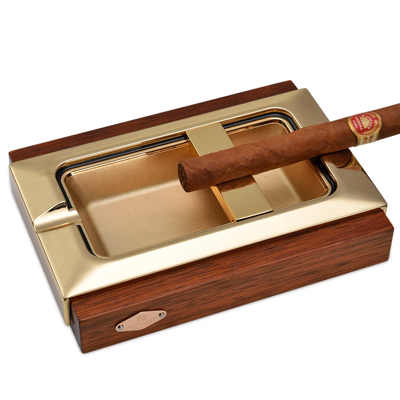 Золотая металлическая пепельница с деревянной основой, большая пепельница, 2 шт., держатель для сигар, подарок на день отца