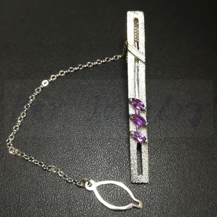 

Tie clips Natural amethyst tie clip Free shipping Per jewelry 925 sterling silver Fine jewelry 0.2ct*3pcs gemstone Men jewelry