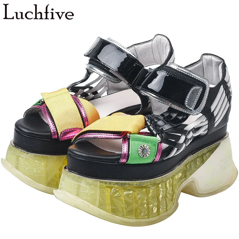 

Luminous Crystal Thick Bottom Sandals Sexy Rivets Peep Toe Wedges Shoes For Women Hot Summer Cut Outs Patchwork Ladies Shoes