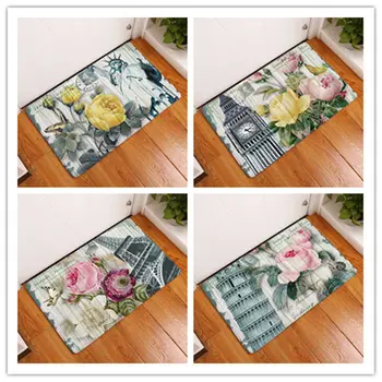 

European Landmark Building Pattern Flannel Carpet Living Room Foyer Bedroom Floor Mat Home Bathroom Non-slip Mat